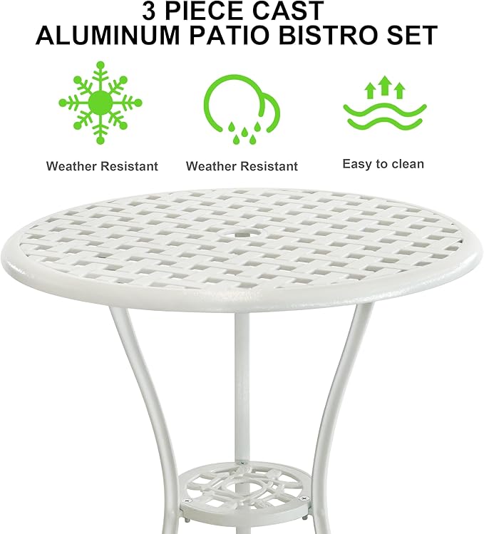 Patio Bistro Set, Bistro Set Outdoor 3 Piece, Cast Aluminum Patio Furniture Set, Garden Table Set, 1.97" Umbrella Hole