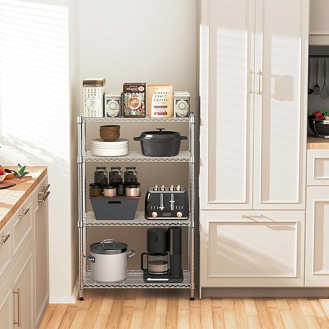 5-Shelf Storage Shelves,Wire Shelving Heavy Duty Metal Storage Shelving Unit Adjustable Garage Shelving Rack Pantry Kitchen (Chrome, 4 Tier,15.8" D x 45.3" W x 59.4" H)