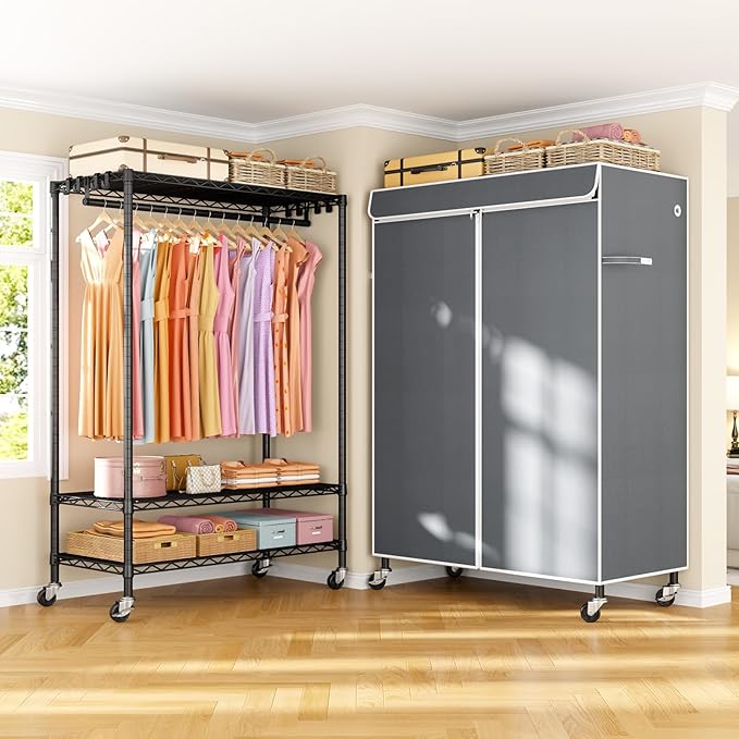 P6C Plus Rolling Clothes Rack with Cover, Covered Clothing Rack Heavy Duty, Portable Closet for Hanging Clothes, Garment Rack on Wheels, Black Closet Rack with Gray Cover, Max Load 375LBS