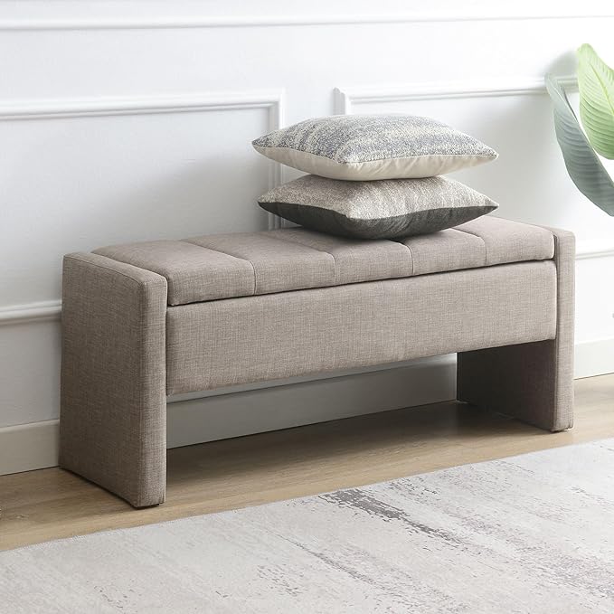 47.25'' Ottoman with Storage, End of Bed Storage Bench, Entryway Bench - Linen Upholstered Multi-Functional Footrest for Bedroom, Living Room, Dorm & Window Bench (Linen Grey Brown)
