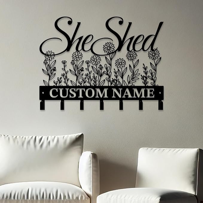 Personalized She Shed Keys Hooks,Custom Name Metal She Shed Art Keys Hooks,Metal She Shed Lover Wall Home Storage Decorative Keys Hooks,Key Holder Hooks for Wall (Style H)