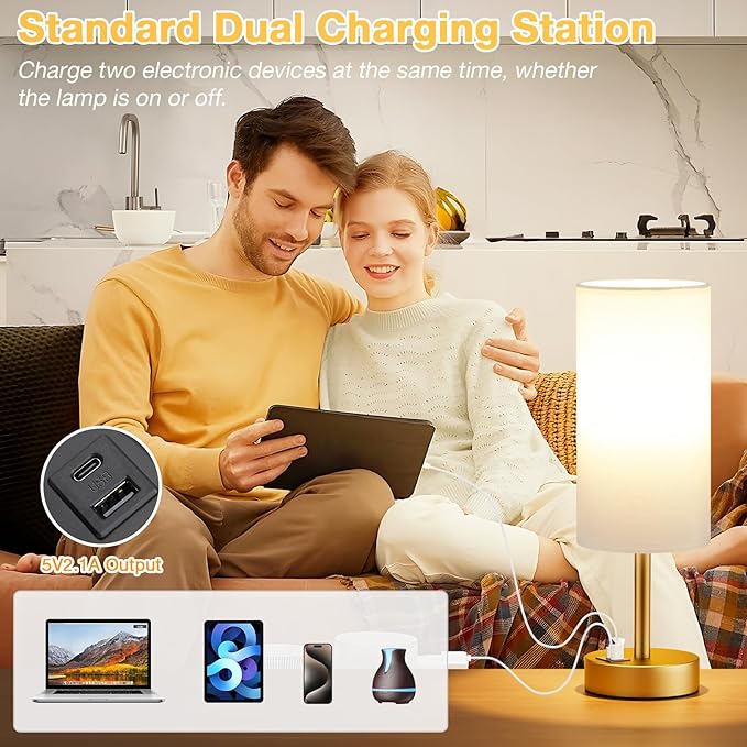 Dicoool Small Touch Bedside Lamp with USB - 3 Way Dimmable Table Lamp for Bedroom, Nightstand Lamp with Gold Charging Station for Desk Dorm, Office