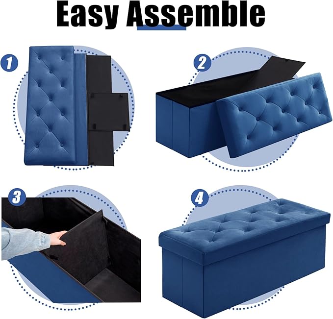 BRIAN & DANY 43 Inches Folding Storage Ottoman Bench, Velvet Ottoman with Storage for Living Room, Long Shoes Bench,Flannelette Footrest Benches Seat (Blue)