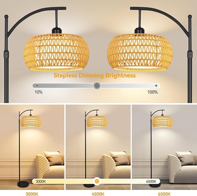 Arc Floor Lamps for Living Room Rattan Boho Floor Lamp with Remote Control,Dimmable LED Floor Lamps Black Standing Lamp with 3 Color Temperature Tall Floor Lamp for Bedroom Corner