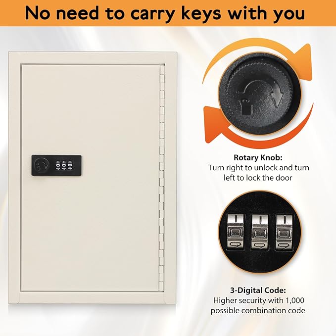 KYODOLED Key Storage Lock Box with Code, Locking Key Cabinet, 40 Key Holder Wall Mount with Combination Lock, Hooks & Tags Labels for Home, Office, Business, 2.5" D x 8.1" W x 12.1" H, White
