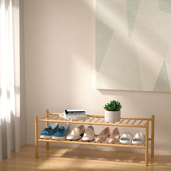 2-Tier Bamboo Long Shoe Rack, Free Standing Wood Shoe Shelf Storage Organizer for Closet Entryway Stackable 35"x11"x13" (Natural)