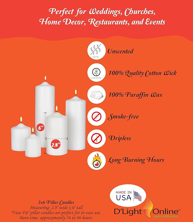 D'light Online 3 X 6 Pillar Inch Candles Set of 12 Bulk Event Pack Round Unscented Premium Wax Pillar Candles for Wedding, Spa, Party, Birthday, Holiday, Bath and Home Decor (3X6, Ivory)