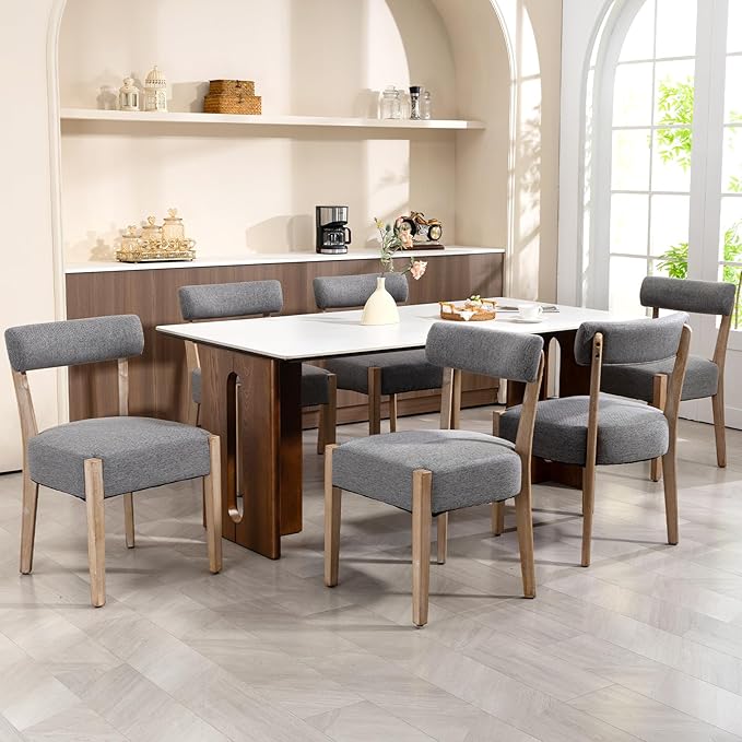 Dining Chairs Set of 6,Mid Century Modern Kitchen Chair Set - Linen Upholstered Low Back Kitchen & Dining Room Chairs with Woven Design,Grey Fabric