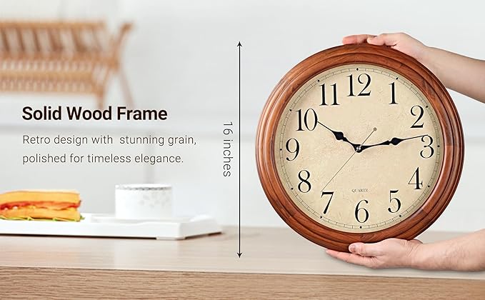 16-Inch Wood Wall Clock with Large Numbers, Retro Round Brown Clock Wall, Silent Non-Ticking for Living Room, Kitchen Wall Clocks
