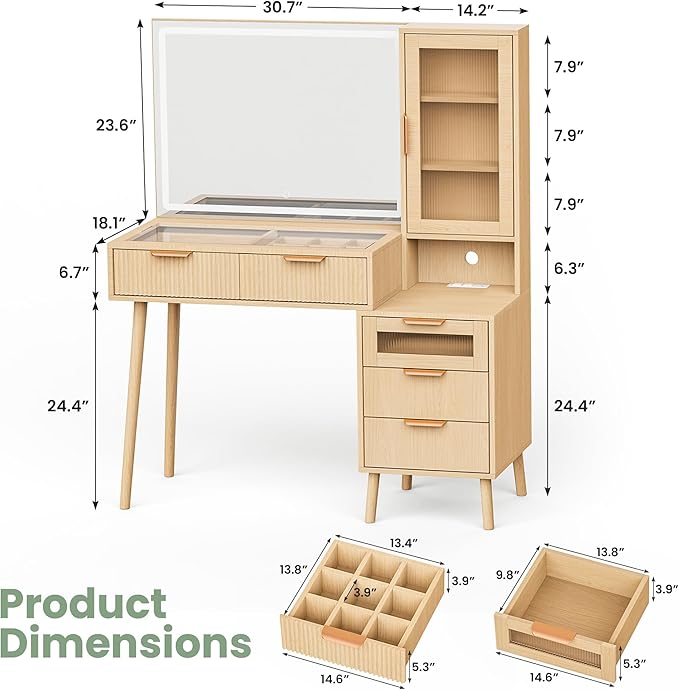 Fluted Makeup Vanity Desk with Mirror and Lights, 5 Drawers Glass Top Makeup Vanity with 4 Storage and 9-Grid Organizer, 3 Color Ribbed Glass Dressing Table with Charging Station, Light Oak
