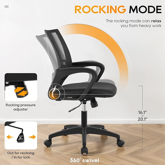 BestOffice | Ergonomic Office Chair | Mid-Back Swivel Desk Chair | Breathable Backrest & Lumbar Support | Adjustable Height | Sponge Seat | Rolling Wheels | Dark Black | for Adults & Women
