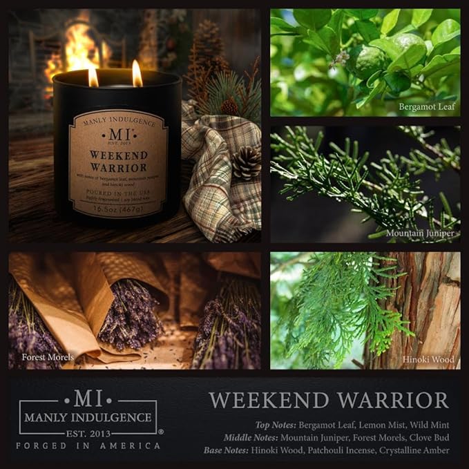 Manly Indulgence Weekend Warrior Scented Candles for Men, 2 Wick, 16.5 oz Premium Soy Blend Wax, 60H Burn, Candles for Home Scented - Made in The USA