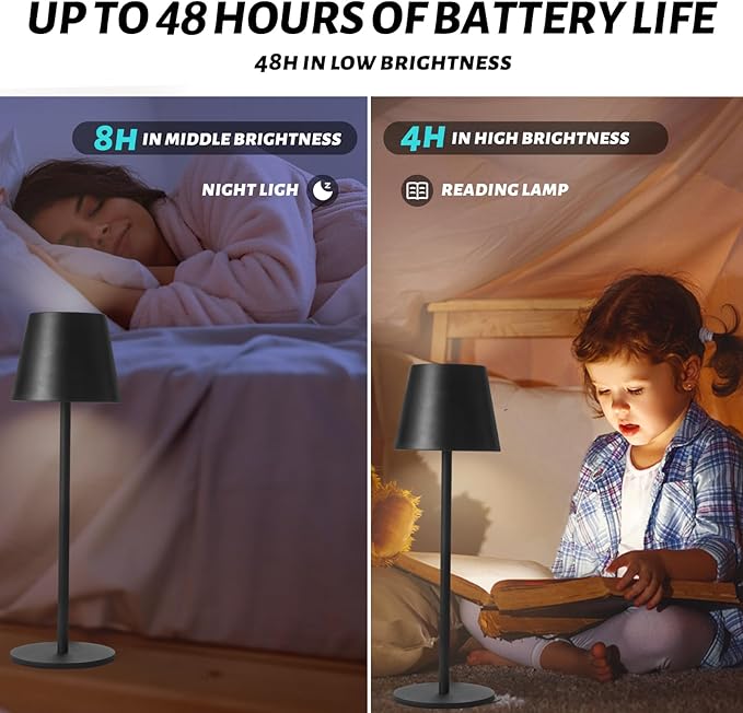 Maksone 2 Pack LED Cordless Table Lamp, 6600mWh Rechargeable Battery Desk Lamp, 3000K Stepless Dimming Night Light, IP54 Waterproof Metal Outdoor Portable Lamp for Restaurant, Patio (Black)