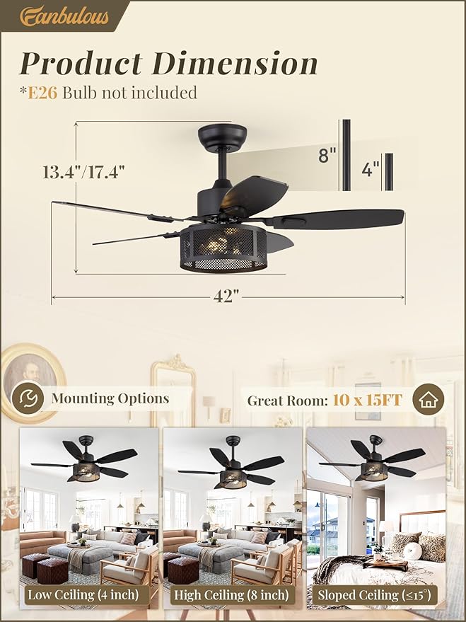 Farmhouse Ceiling Fans with Lights and Remote, 42 Inch Industrial Black Caged Ceiling Fans for Living Room Bedroom Kitchen, 6 Speed Reversible Quiet DC Motor, Dual Finish 5 Blades