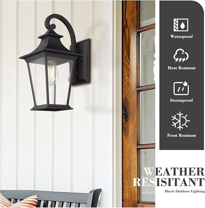 Emliviar Outdoor Wall Lantern, 1-Light Exterior Wall Mount Light with Clear Glass in Black Finish, 18" Height, 500181