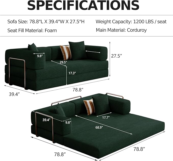 78.8''Convertible Sleeper Sofa Bed,Compressed Floor Boneless Couch,Modular Modern Corduroy Sofa for Living Room Bedroom -with Fixed-Shape Frame and Support Armrest,Easy Assembly(Dark Green)