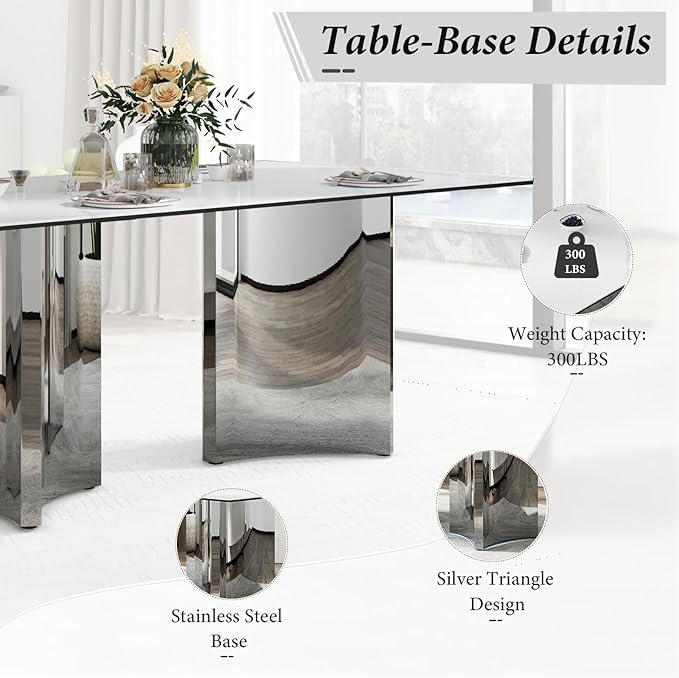 Asday 78-Inch Sintered Stone Rectangular Dining Table, Large Kitchen Table with Chrome Triangle Stainless Steel Double Pedestal for Living Room, Kitchen, Dining Room, White and Silver