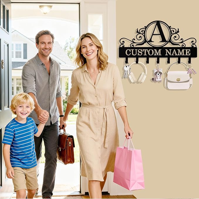 Personalized Key Holder Wall Mount, Custom Metal Keys Hanger for Wall with Name, Name Background Letter Theme Key Rack Holder with Hooks for Home, Entryway, Front Door, Living Room, Kitchen, Bathroom