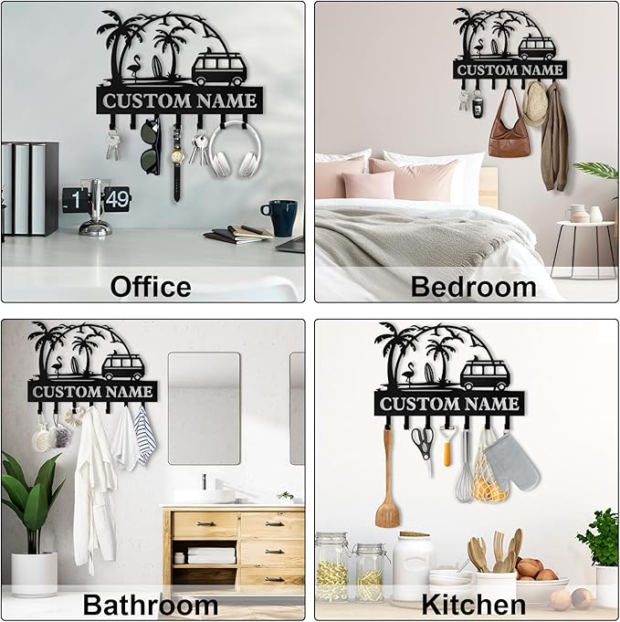 Personalized Key Holder for Wall, Beach Theme Key Holder Wall Mount with Hooks, Coconut Trees Key Hanger Wall Decor for Pool Bathroom Hallway Entryway Office, Customized Home Decor Gifts Color02