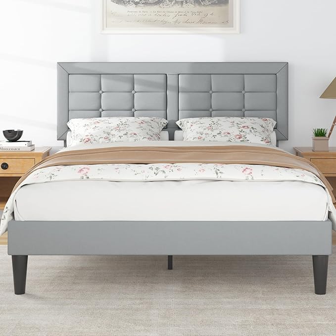 VECELO Queen Size Bed Frame with Adjustable Headboard, Upholstered Button Tufted Platform Bedframe with Wood Slats Support, No Box Spring Needed, Light Grey