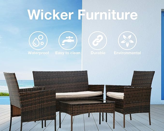 Outdoor Patio Furniture Sets 4 Pieces Patio Set Rattan Chair Wicker Sofa Conversation Set Patio Chair for Backyard Lawn Porch Poolside Balcony Garden Furniture Sets with Coffee Table (Brown)