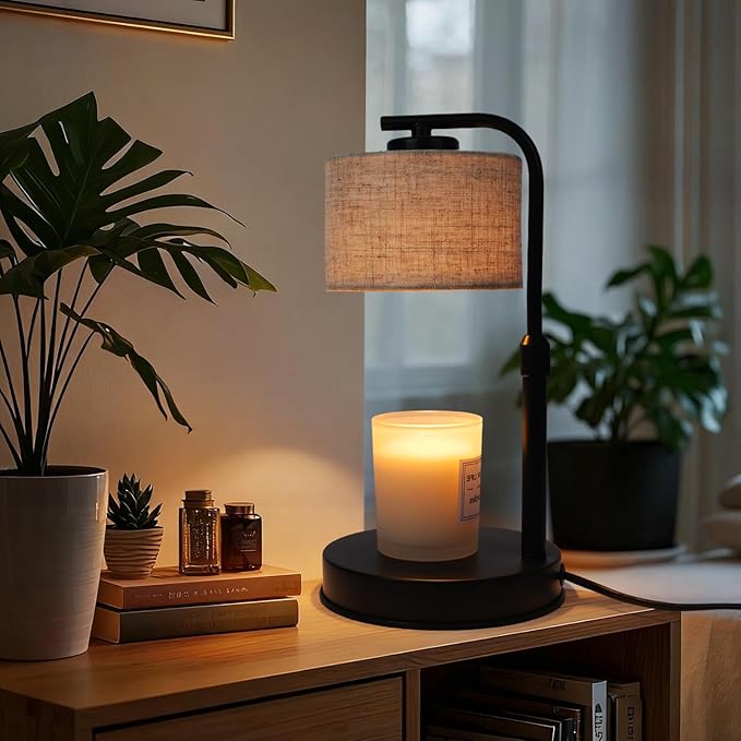 Candle Warmer Lamp with Timer,2 Bulbs, Metal Base and Adjustable Height Fabric Shade Candle Warmer Lamp for All Jar Candles, House Warming Decor Gifts, French Gold (Metal)
