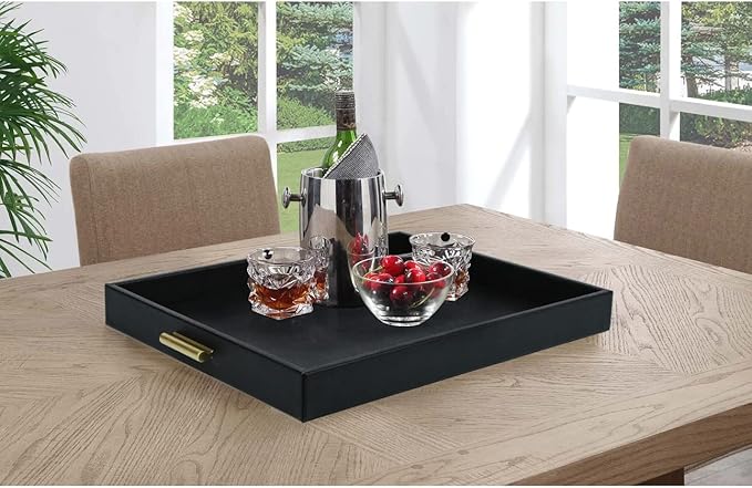 HofferRuffer Extra Large Serving Tray with Handles, Elegant Faux Leather Storage Decorative Tray for Coffee Table, Ottoman, Console Table, 20 x 16 x 2.2 inches (Black Tray+Golden Handle)
