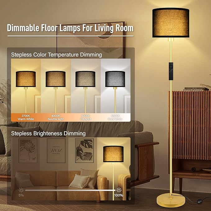 Gold Floor Lamps for Living Room, Stepless Dimmable Floor Lamp with Remote, 2700K-6500K Colors Temperature & Brightness Adjustable,10W/1200LM Black LED Floor Lamp,Modern Standing Lamp for Bedroom