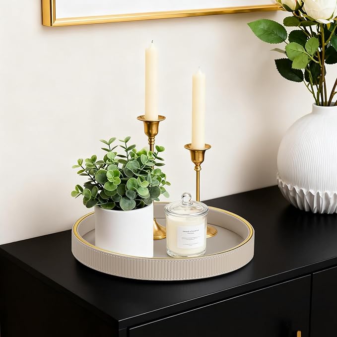 Round Decorative Tray for Coffee Table Decor, PU Leather Coffee Table Tray Golden Trim for Home Decor Living Room Dining Table, Perfume Trays Nightstand Organizer (Beige)