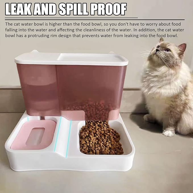 kathson All-in-One Automatic Cat Feeder and Water Dispenser Set Gravity Cat Food and Water Bowl Set Automatic Pet Feeder and Water Dispenser for Small Dogs Puppy Cats Pets(Pink)