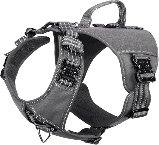 ICEFANG GN8 Tactical Dog Harness with 4X Metal Buckles for X-Large Sized Dogs,Reflective in Training Walking K9 Dog Vest,No-Pull Front Leash Clip,Adjustable Pet Harness (Grey, X-Large (Pack of 1))
