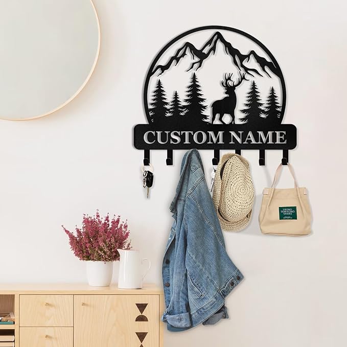 Personalized Key Holder for Wall - Custom Forest Deer Key Rack Hanger with Hooks, Key Holder Wall Mount, Woodland Theme Wall Art Decor Gift, Key Rack Storage for Kitchen, Living Room