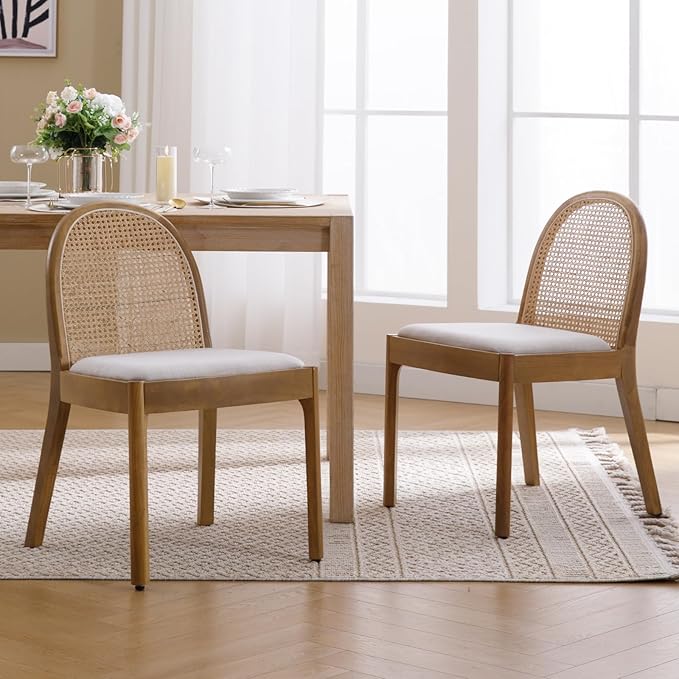 HEAH-YO Rattan Dining Chairs Set of 2, Upholstered Linen Dining Room Chairs with Backrests, Modern Kitchen Chairs with Wood Legs for Dining Room, Beige
