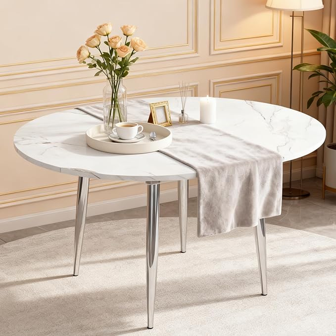 FURNITO 42"-54" Extendable Round Dining Table for 4–6, White Faux Marble & Wood Grain Top with Silver Metal Legs, Contemporary Oval Kitchen Table, Space-Saving Dining Room Table, Easy Assembly