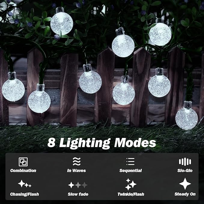 Solar Lights Outdoor Waterproof, 2 Pack Total 200LED 110FT Solar String Lights for Outside with 8 Modes, Outdoor String Lights Crystal Globe Patio Lights for Garden Yard Party Decor(Warm White)