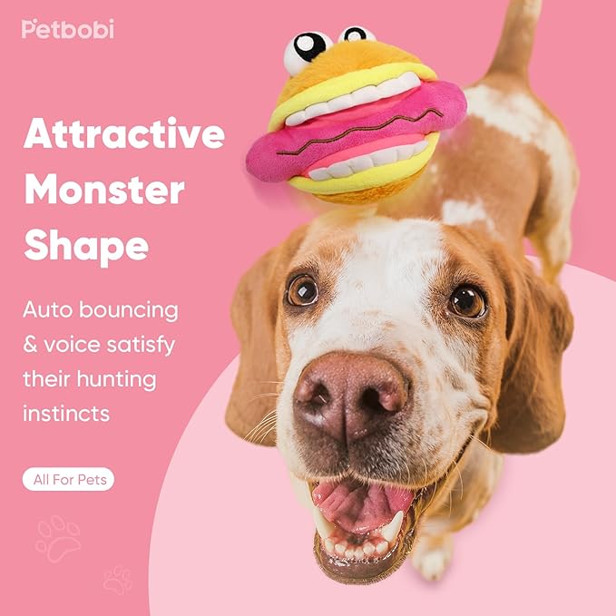 Petbobi Interactive Dog Toys Monster Active Ball for Dogs with Batteries, Self Moving Balls and Plush Cover for Small & Medium Dogs to Chase, Dog Toy Squeaky Crazy Bouncer Ball, Burger Buddy Bobby