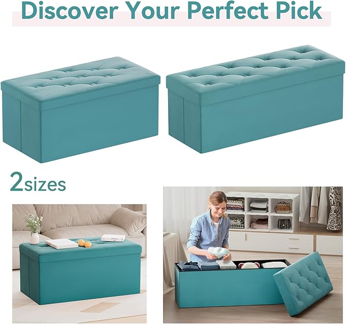 BRIAN & DANY Folding Storage Ottoman Bench, Ottoman with Storage, Foot Rest, Benches Seat for Bedroom, Living Room, Entryway, Long Shoes Bench, 15.7" x 31.5" x 15.7" Teal