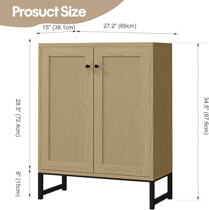 Panana Rattan Decorated 2 Doors Storage Cabinet Accent Cabinet Living Room Cupboard Kitchen Sideboard Buffet Table (Natural)
