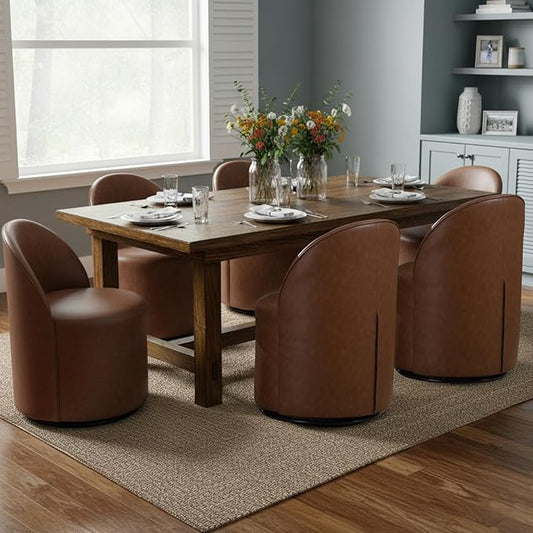 Modern Barrel Dining Chairs Set of 6, Swivel Base Cognac PU Leather Accent Chair 360°Rotating Mid-Century Dining Side Chair Kitchen Chair for Living Room, Bedroom, Home, Office, Kitchen(Brown)