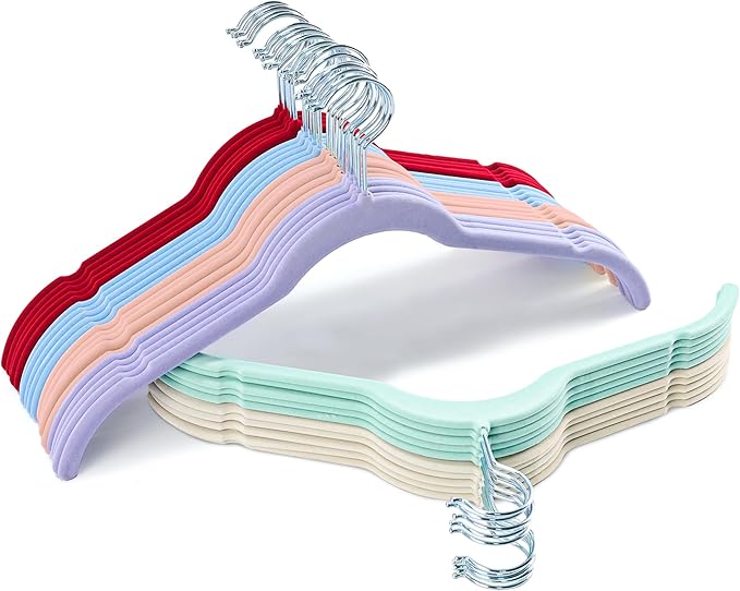 30 Pack Velvet Hangers Multicolor Set – Non-Slip Slim Flocked Clothes Hangers with Notches & 360° Swivel Hook, Space-Saving Felt Hangers for Dresses, Shirts, Coats