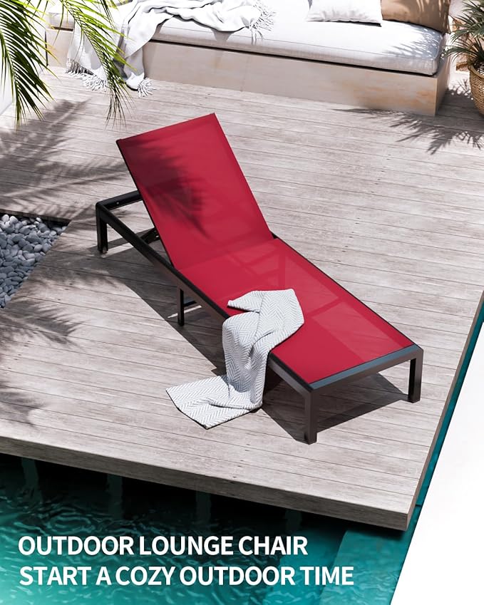 Aluminum Lounge Chairs Outdoor Chaise Furniture,2 Sets Patio Metal Deck Lounger Adjustable 5-Position Poolside Chase Recliner with Wheels for Beach,Coffee Table, (Red, 2 Chair)