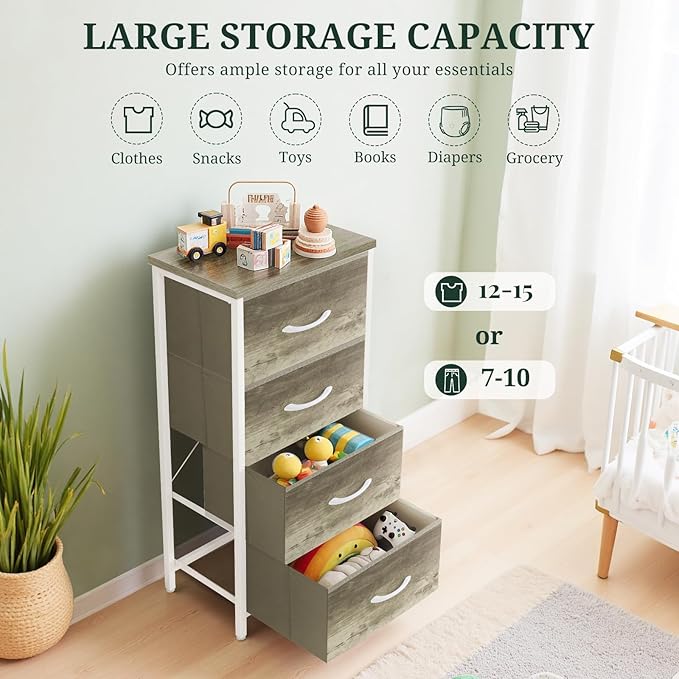 Nightstand, 4 Drawer Dresser End Table Bedside Furniture with Wooden Top Steel Frame Fabric Bins for Bedroom, Closet, Entryway, Dorm, Living Room, Greige Oak