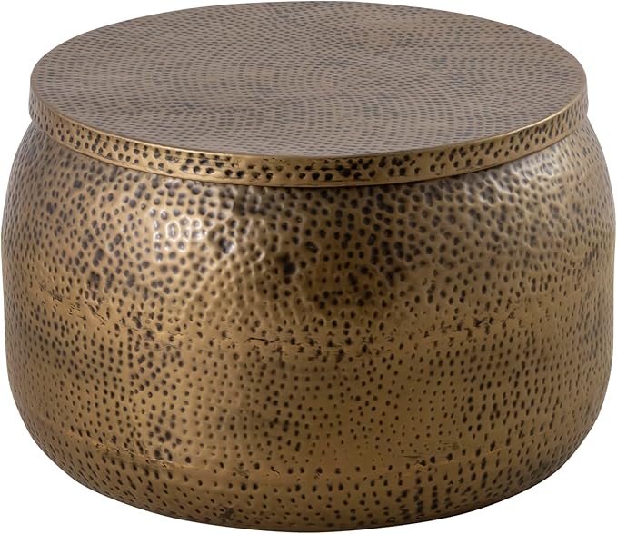 Albany Living Modern Round Aluminum Hammered Embossed Texturing, Metal Drum Coffee Table with Removable Lid for Storage,Fully Assembled, for The Living Room and Bedroom, Brass