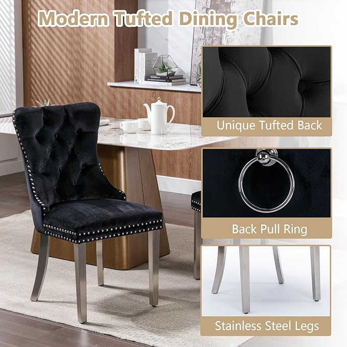 Goujxcy Modern 7 Piece Glass Dining Table Set Luxury Glass Kitchen Table and Chair Set for 6, 70" Large Rectangular Dining Room Table with 6 Tufted Chairs and Stainless Steel Legs (Silver & Black)