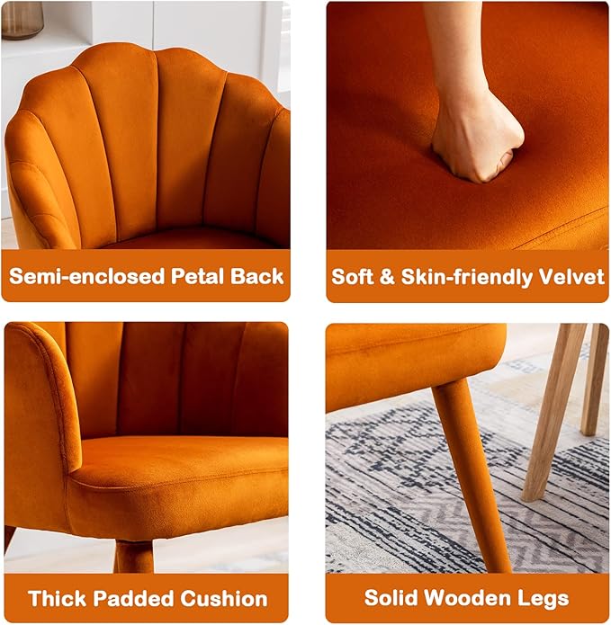 Velvet Dining Chairs Set of 2 Modern Living Room Chairs with Petal Back & Wood Legs Comfy Upholstered Side Chair for Dining Room/Bedroom/Vanity, Orange