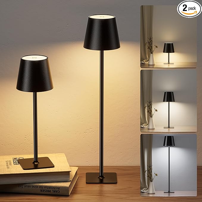 JACKYLED Cordless Lamp DIY Height, 3 Color Stepless Dimming, 5000mAh Battery Operated Lamp Portable Rechargeable for Bedroom Dinning Kitchen Metal Black, 2 Pack