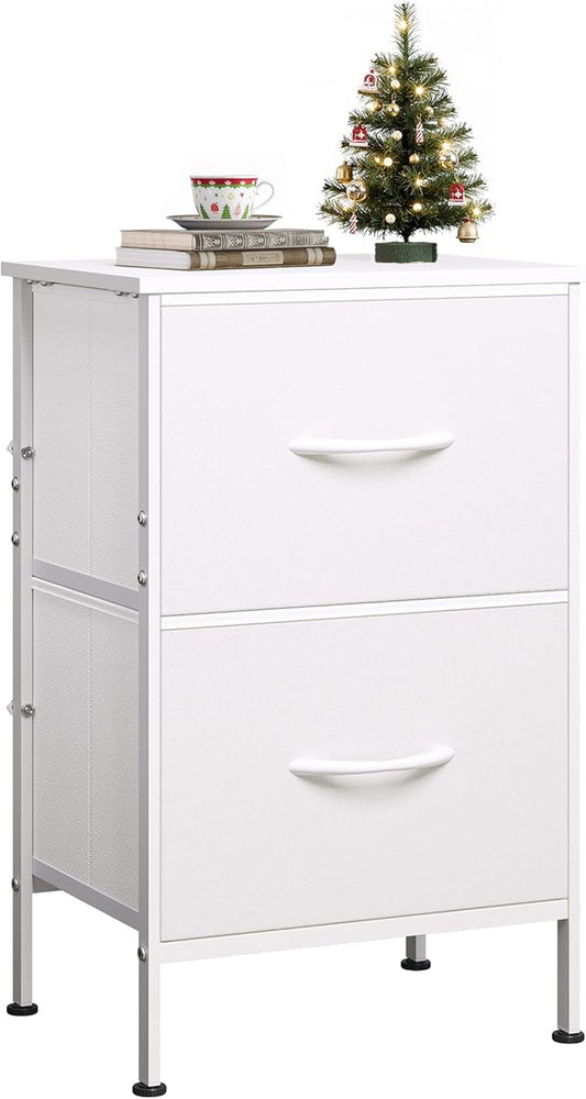 WLIVE White Night Stand, Small Dresser with 2 Drawers & Wooden Top, Nightstand with Fabric Bins, Bedside Table End Table for Bedroom, Closet, Entryway, College Dorm, White