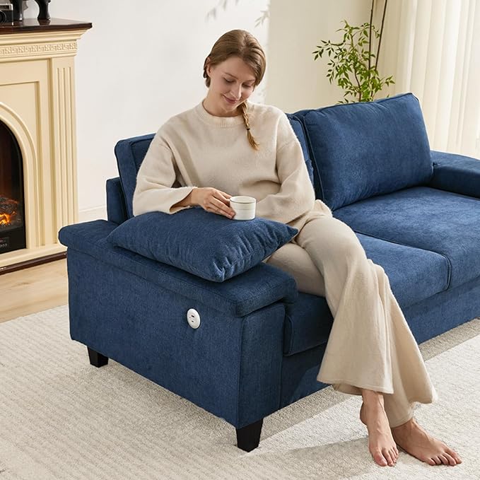 3 Seater Couch for Living Room, 79'' Comfy Deep Seat Sofa with Adjustable Armrests & USB/Type-C Charging Ports, Mid Century Modern Couch for Bedroom, Home Office, Blue
