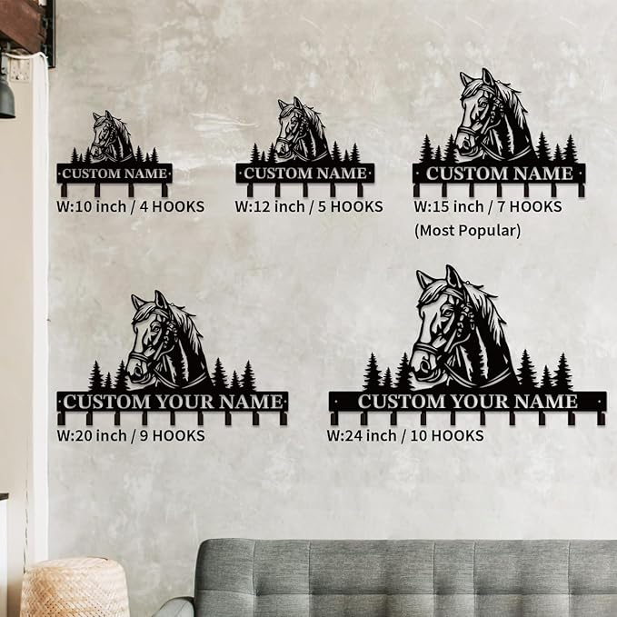 Personalized Custom Name Farm Horse Wall Key Hooks,Metal Horse Art Clothes Hooks,Metal Horse Wall Home Storage Decorative,For Front Door, Hallway, Kitchen, Bedroom,Keys,Hats (Style L)