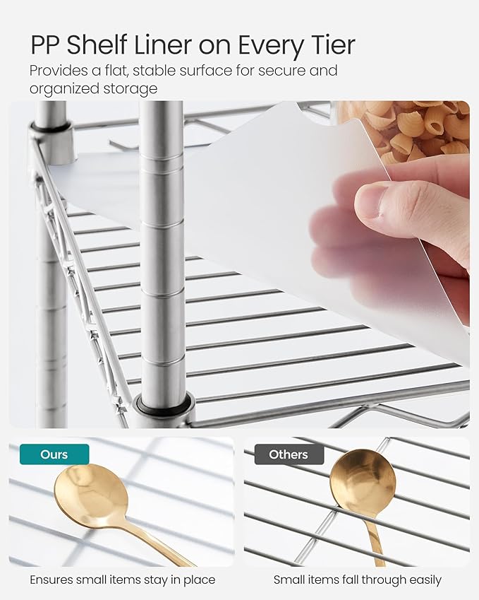 SONGMICS 3-Tier Bathroom Shelf, Storage Rack for Small Space, with 3 PP Shelf Liners, Removable Hook, Extendable Design, Silver and Translucent ULGR103E01